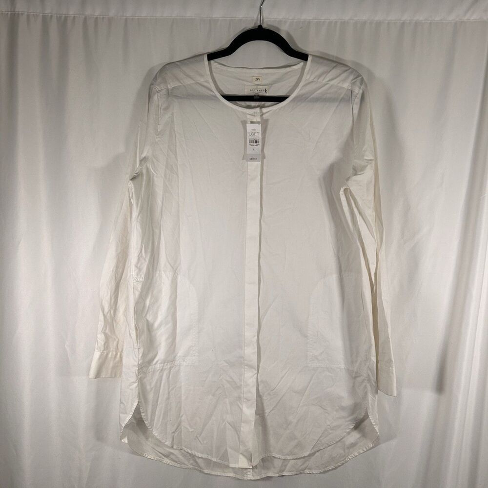New Ann Taylor Loft Blouse Women's Large White Button Up Softened Pockets Button